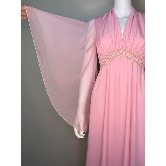Vintage 1970s Pink Maxi Dress, Sheer Angel Wing Sleeves, Jill Robbins Size S/M - Picture 3 of 6